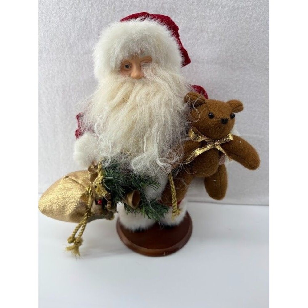 Santa Claus Figurine 14" with Teddy Bear and Gold Sack White Fluffy Beard